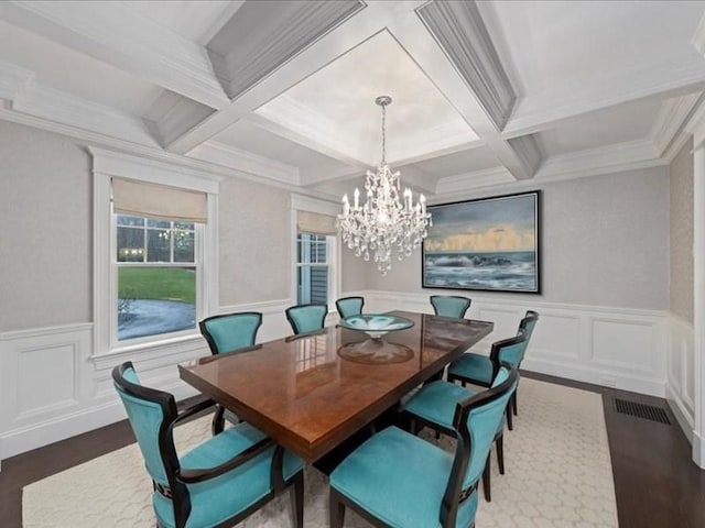 dining room with hardwood / wood-style floors, beam ceiling, a notable chandelier, and coffered ceiling