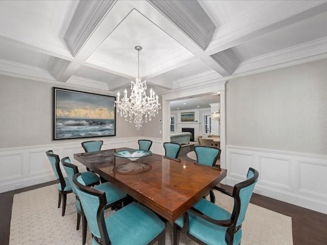 dining space featuring beam ceiling, dark wood-type flooring, and coffered ceiling