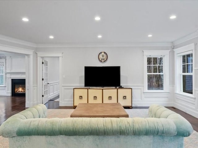 living room featuring ornamental molding and dark wood-type flooring