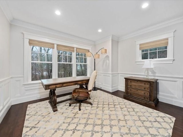 office area featuring dark hardwood / wood-style flooring and crown molding