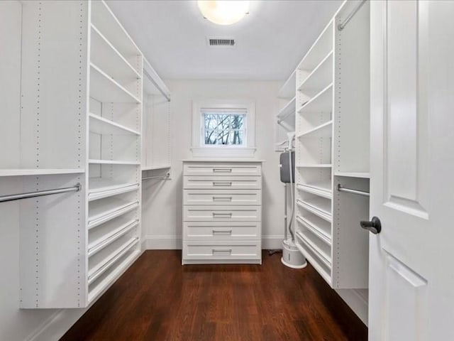 walk in closet with dark hardwood / wood-style flooring