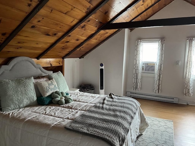 bedroom with vaulted ceiling with beams, wood ceiling, and a baseboard radiator