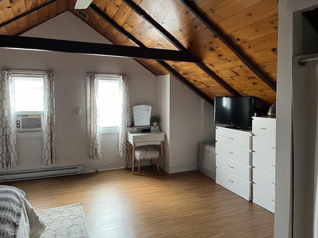 bonus room with a baseboard heating unit, wood ceiling, light hardwood / wood-style flooring, and lofted ceiling with beams