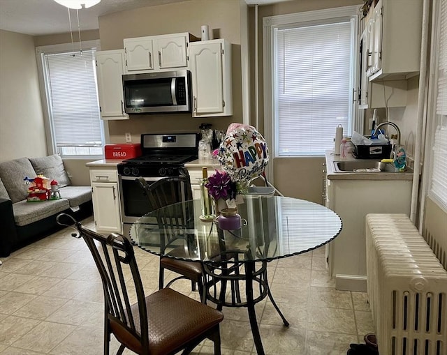 kitchen featuring white cabinetry, radiator, stainless steel appliances, and sink