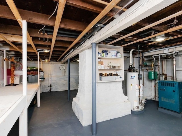 unfinished basement featuring a heating unit and gas water heater