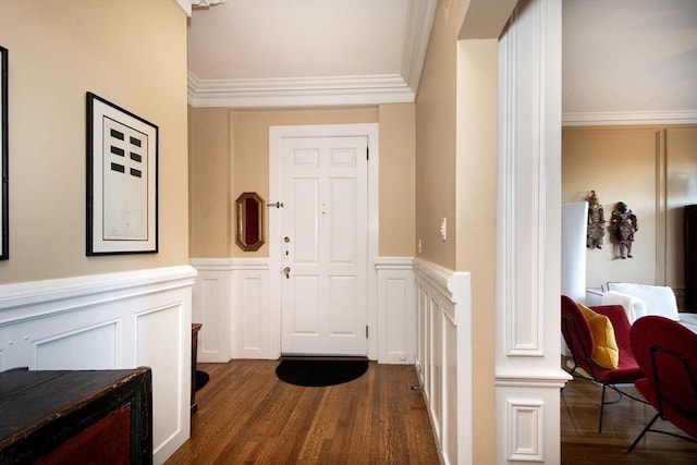 interior space featuring crown molding and dark wood-type flooring