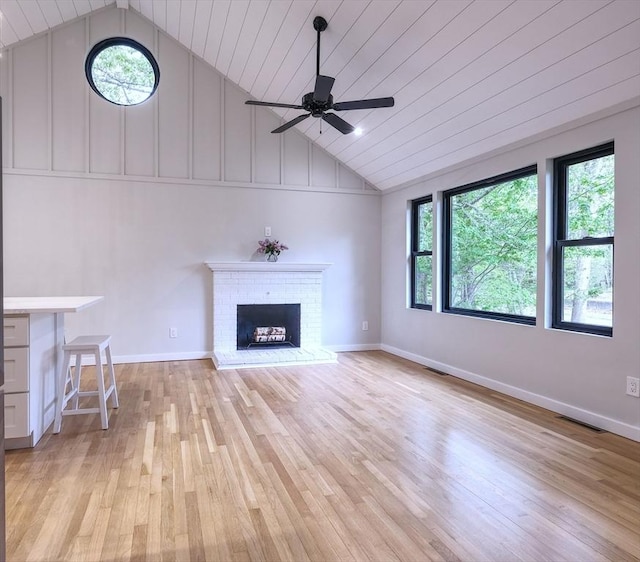 3 Gilbert Ln, Harwich, MA 02646 - unfurnished living room featuring light wood-type flooring, a ceiling fan, high vaulted ceiling, wood ceiling, and a fireplace