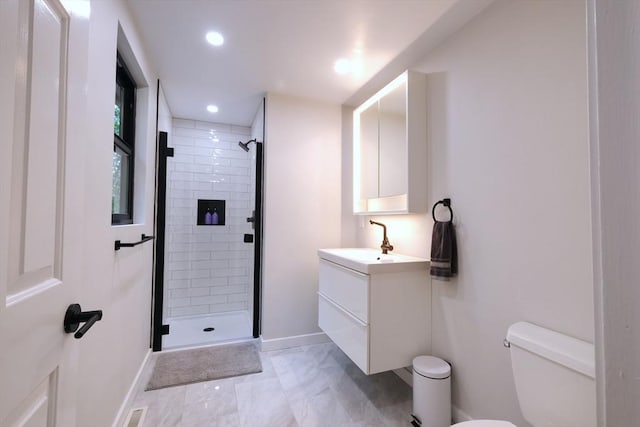 3 Gilbert Ln, Harwich, MA 02646 - bathroom with vanity, a stall shower, recessed lighting, and marble finish floors