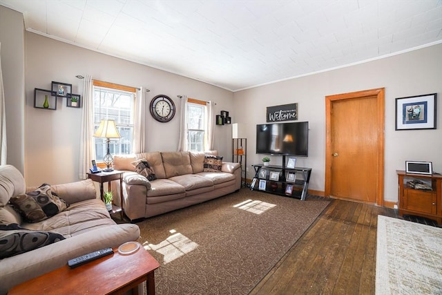 living room with baseboards, dark wood-style floors, and ornamental molding