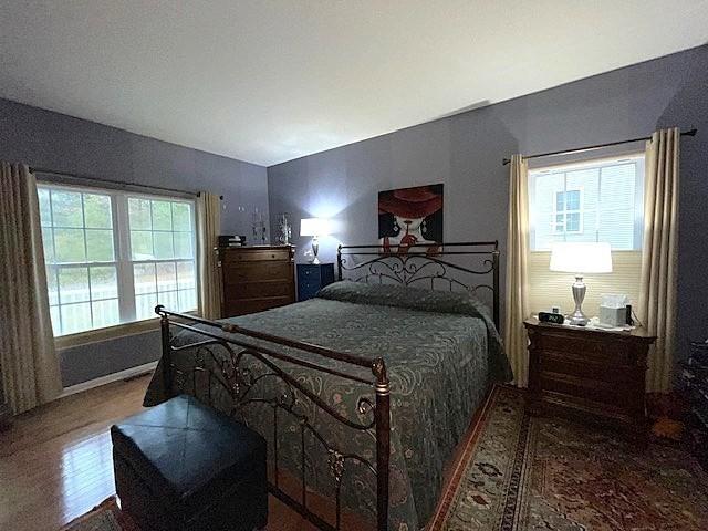 bedroom with hardwood / wood-style flooring and multiple windows