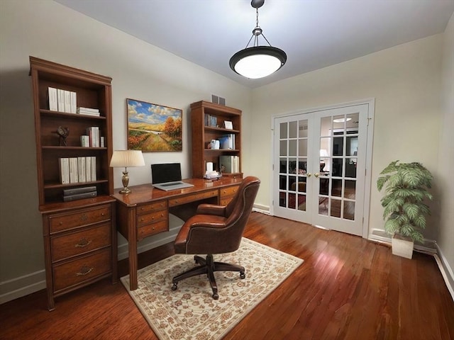 home office featuring french doors and dark hardwood / wood-style flooring