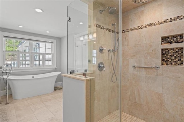 279 Norfolk St, Holliston, MA 01746 - full bath featuring a soaking tub, a shower stall, and recessed lighting