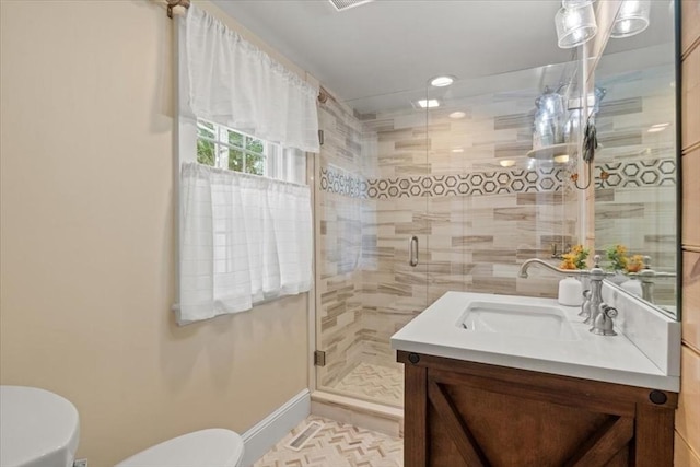 279 Norfolk St, Holliston, MA 01746 - bathroom with vanity, a shower stall, and recessed lighting
