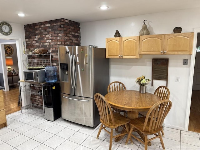 251 Waltham St, Newton, MA 02465 - kitchen with stainless steel appliances, light brown cabinets, light tile patterned flooring, and recessed lighting
