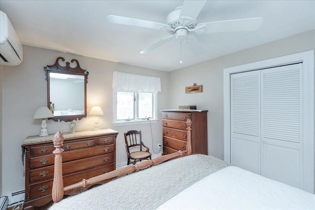 15 Trask Rd, Peabody, MA 01960 - bedroom with a baseboard radiator, a closet, a wall mounted AC, and a ceiling fan