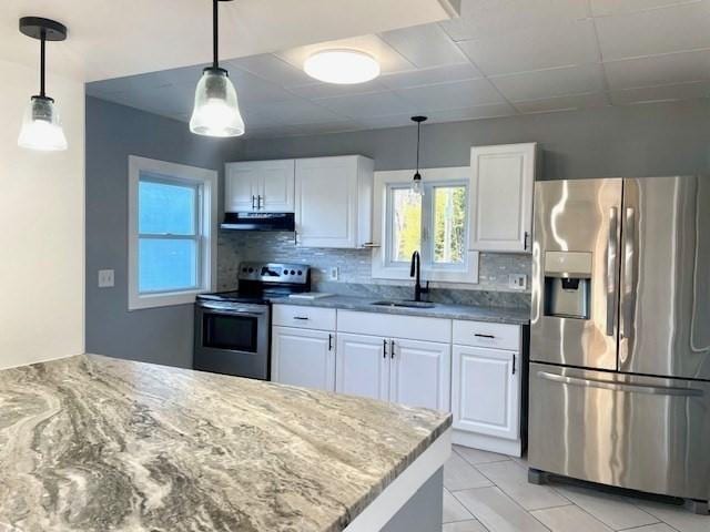 kitchen featuring pendant lighting, sink, white cabinetry, decorative backsplash, and stainless steel appliances