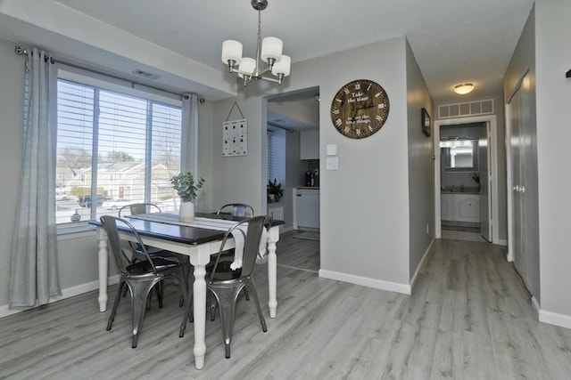 dining room featuring light wood-type flooring, baseboards, and visible vents