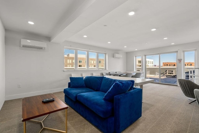 carpeted living room featuring an AC wall unit and beamed ceiling