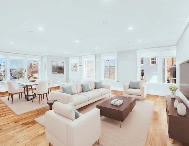 living room with light hardwood / wood-style flooring and a wealth of natural light