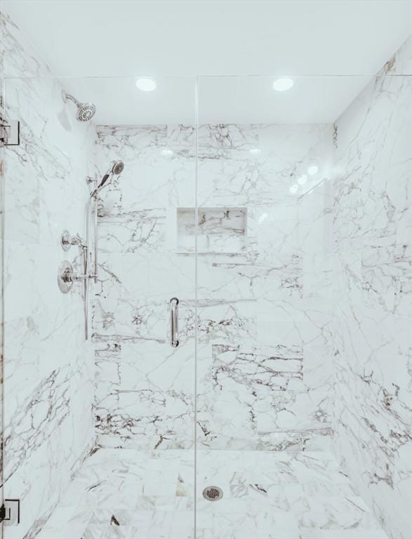 56 Belmont St Unit 3, Boston, MA 02129 - bathroom featuring a marble finish shower and recessed lighting