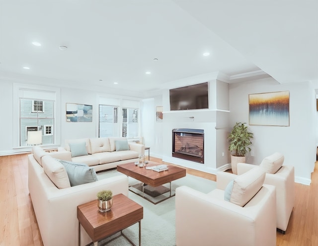 living room featuring light hardwood / wood-style flooring and crown molding