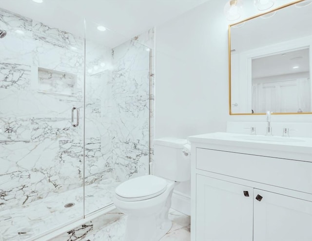 56 Belmont St Unit 3, Boston, MA 02129 - bathroom with a marble finish shower, vanity, marble finish flooring, and recessed lighting