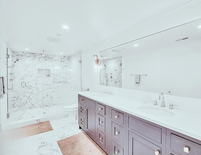 56 Belmont St Unit 3, Boston, MA 02129 - full bathroom featuring a marble finish shower, recessed lighting, double vanity, marble finish flooring, and ornamental molding