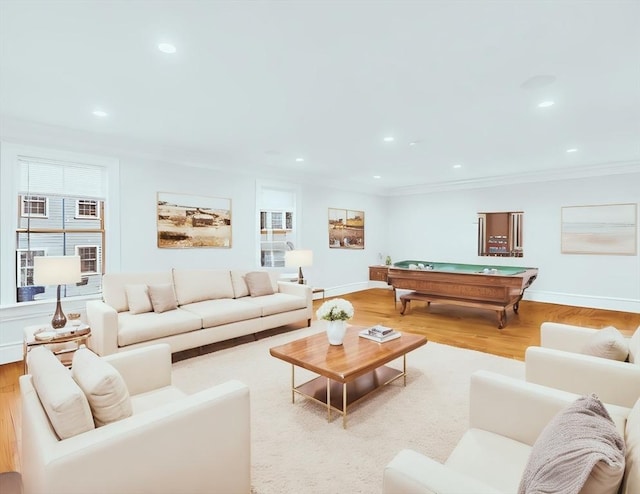 56 Belmont St Unit 3, Boston, MA 02129 - living area featuring crown molding, wood finished floors, billiards table, and recessed lighting