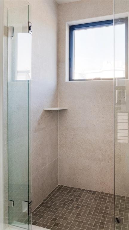 bathroom featuring a shower with shower door