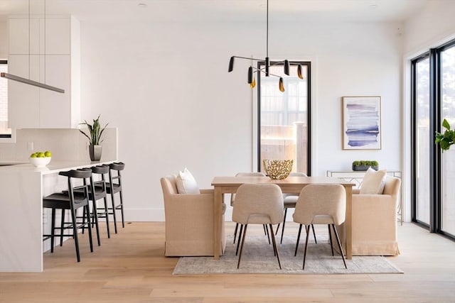 dining room featuring a notable chandelier and light hardwood / wood-style flooring