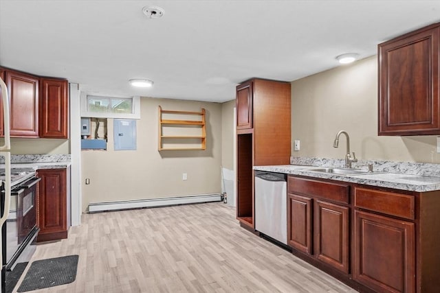 kitchen with dishwasher, range, electric panel, a baseboard heating unit, and sink