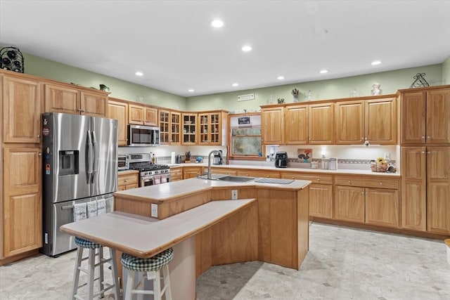 kitchen with appliances with stainless steel finishes, a breakfast bar, an island with sink, and sink