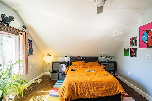 38 Highland Park Ave, Boston, MA 02119 - bedroom featuring baseboards, vaulted ceiling, ceiling fan, and wood finished floors