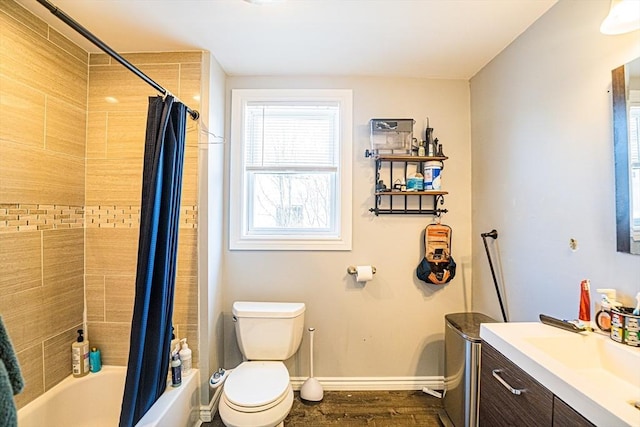 38 Highland Park Ave, Boston, MA 02119 - bathroom with vanity, baseboards, shower / bath combination with curtain, toilet, and wood finished floors