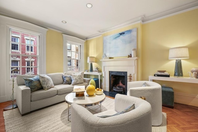 living room with parquet flooring and crown molding