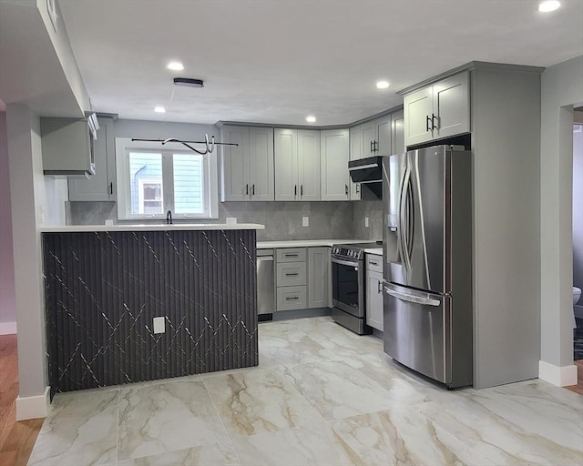 54 Federal St, Weymouth, MA 02188 - kitchen featuring stainless steel appliances, gray cabinets, light marble finish floors, and recessed lighting