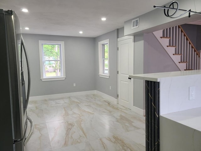 54 Federal St, Weymouth, MA 02188 - unfurnished dining area with baseboards, stairway, recessed lighting, and light marble finish floors