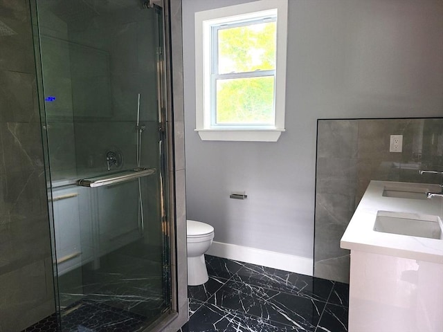 54 Federal St, Weymouth, MA 02188 - full bath featuring marble look tiles, toilet, a shower stall, and double vanity