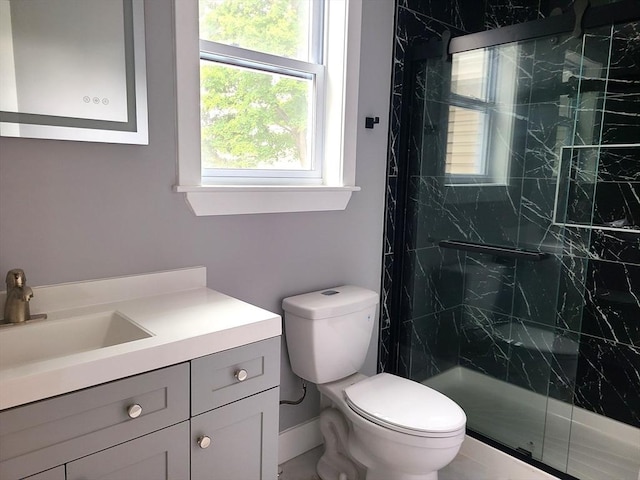 54 Federal St, Weymouth, MA 02188 - bathroom featuring vanity, a marble finish shower, and toilet