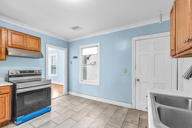 108-110 New Bridge St, West Springfield, MA 01089 - kitchen with electric stove, under cabinet range hood, a sink, crown molding, and light countertops