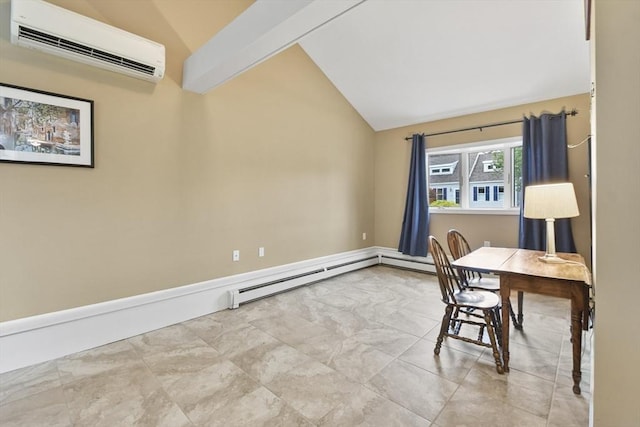 office with lofted ceiling, a baseboard heating unit, and a wall mounted AC