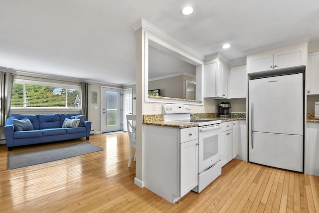 kitchen with white appliances, light hardwood / wood-style floors, crown molding, and white cabinetry