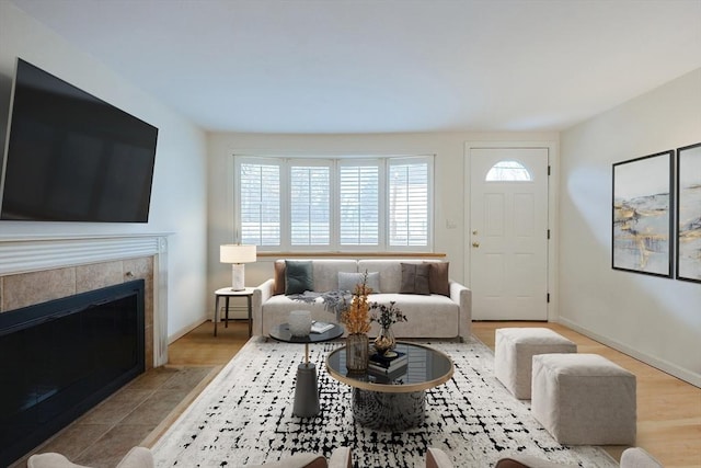 living room with a fireplace and light hardwood / wood-style flooring