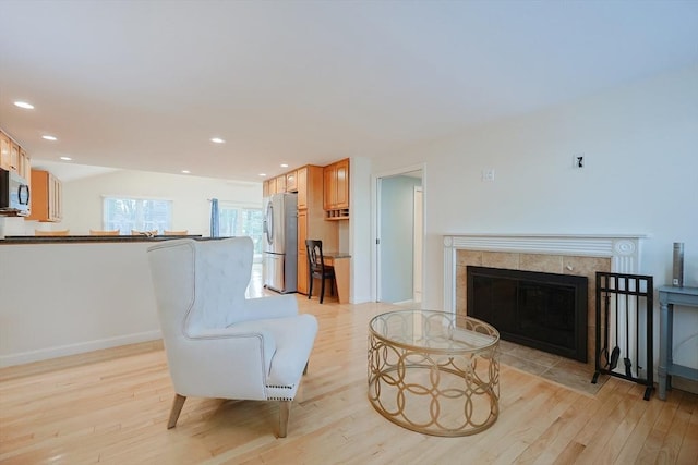 living room with a fireplace and light wood-type flooring