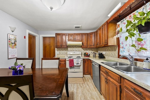 kitchen with white range with electric stovetop, under cabinet range hood, a sink, stainless steel dishwasher, and tasteful backsplash