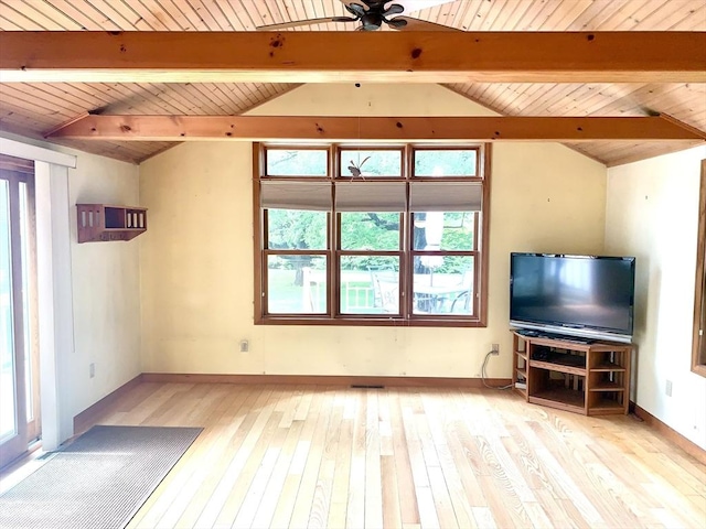 52 Burnett St, Granby, MA 01033 - unfurnished living room with wood ceiling, hardwood / wood-style floors, a ceiling fan, and baseboards