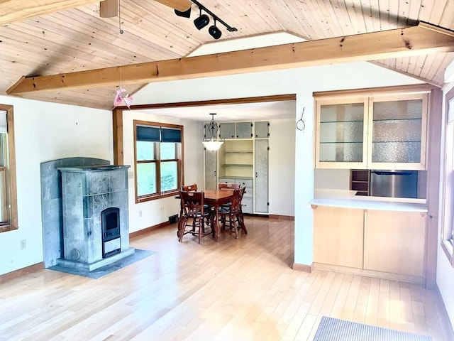 52 Burnett St, Granby, MA 01033 - dining area with wooden ceiling, baseboards, light wood-type flooring, ceiling fan, and a fireplace