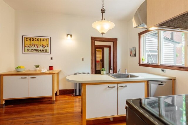 140 Highland Ave Unit 1, Somerville, MA 02143 - kitchen with stainless steel dishwasher, a sink, wood finished floors, white cabinetry, and decorative light fixtures