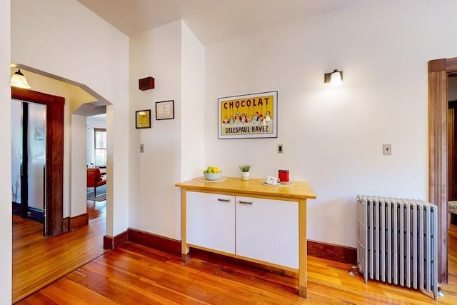 140 Highland Ave Unit 1, Somerville, MA 02143 - hallway with radiator heating unit, light wood finished floors, arched walkways, and baseboards