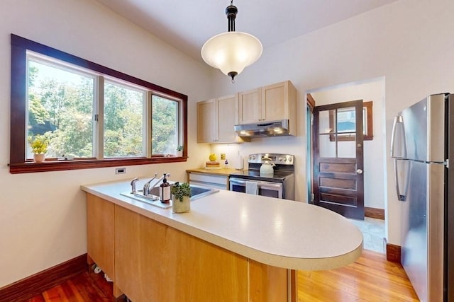 140 Highland Ave Unit 1, Somerville, MA 02143 - kitchen with appliances with stainless steel finishes, a sink, under cabinet range hood, a peninsula, and healthy amount of natural light